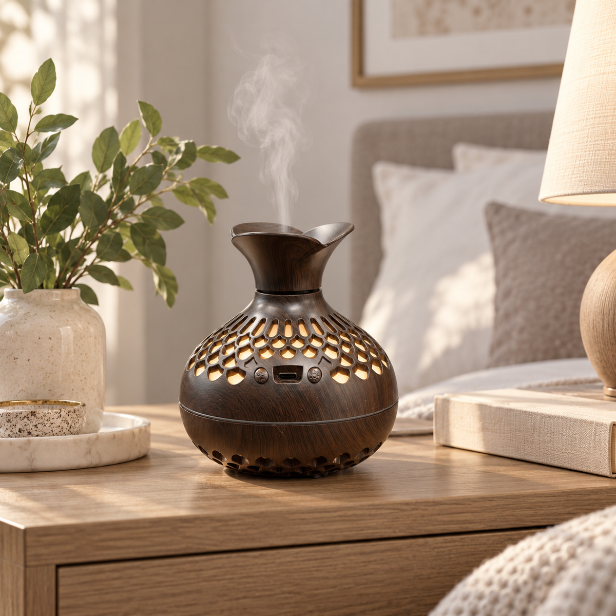 300 mL dark wood floral lattice aroma diffuser in bedroom setting