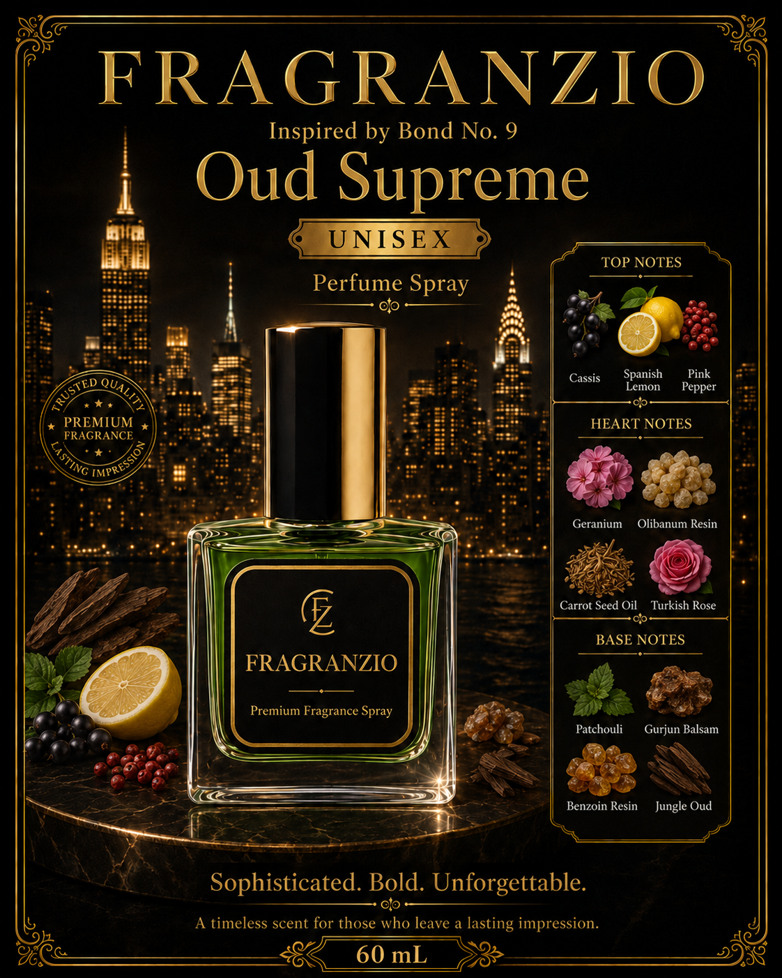 Fragranzio Perfume Spray inspired by Bond No. 9 Oud Supreme, 60 mL