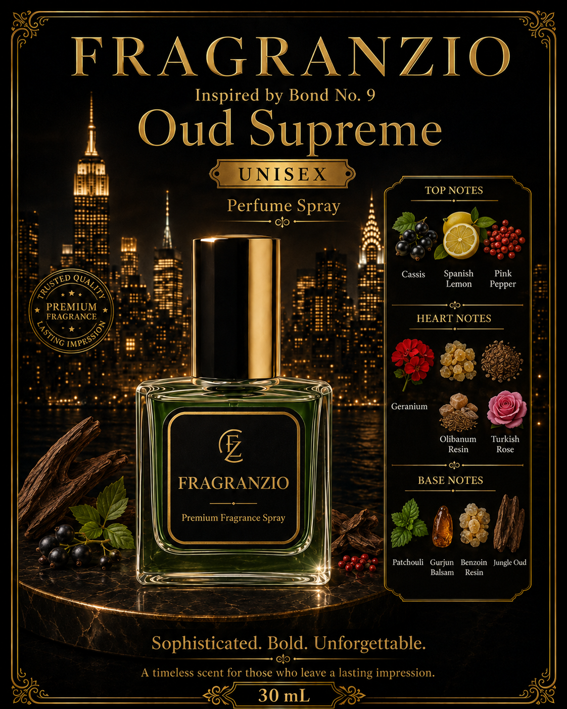 Fragranzio Perfume Spray inspired by Bond No. 9 Oud Supreme, 30 mL