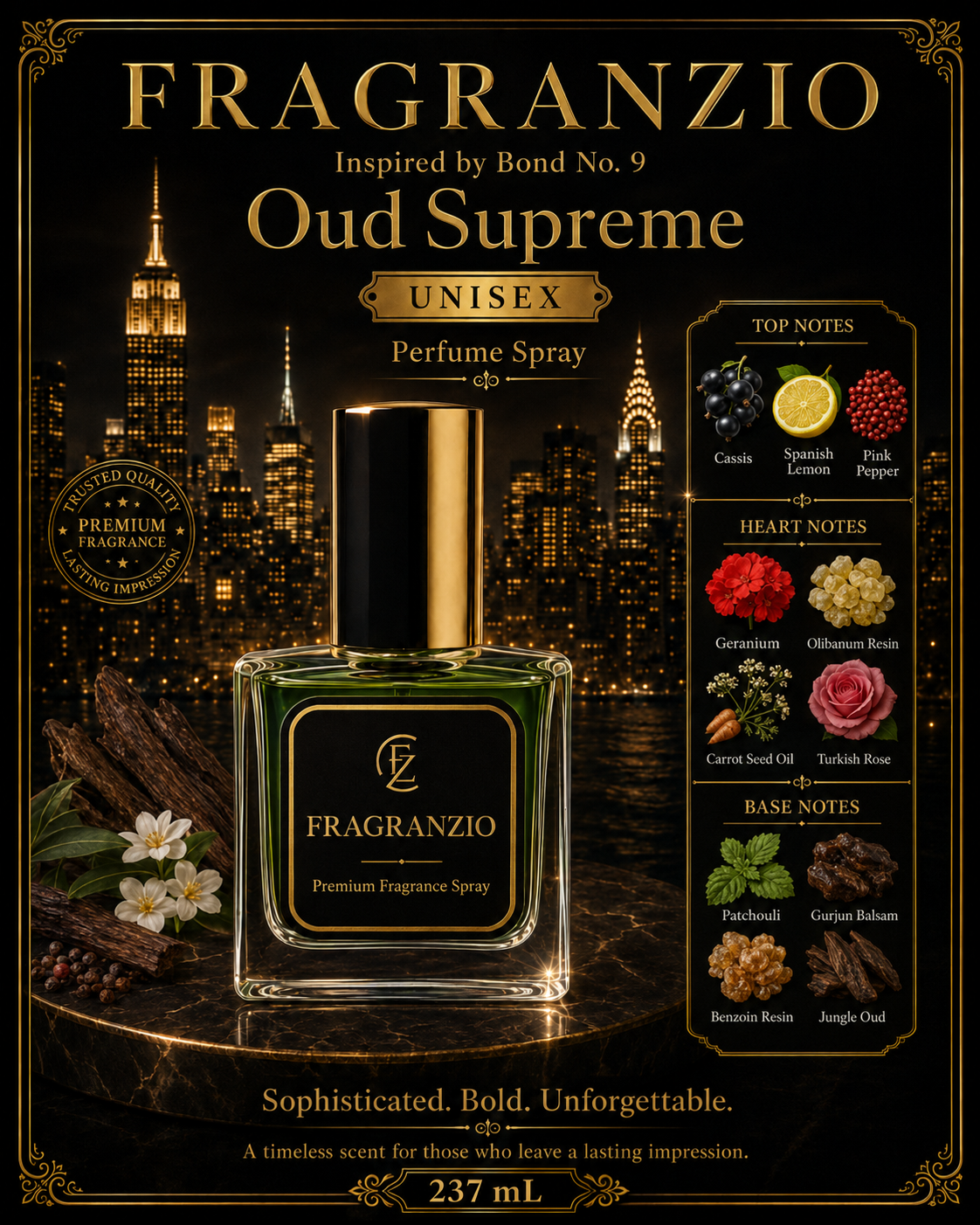 Fragranzio Perfume Spray inspired by Bond No. 9 Oud Supreme, 237 mL