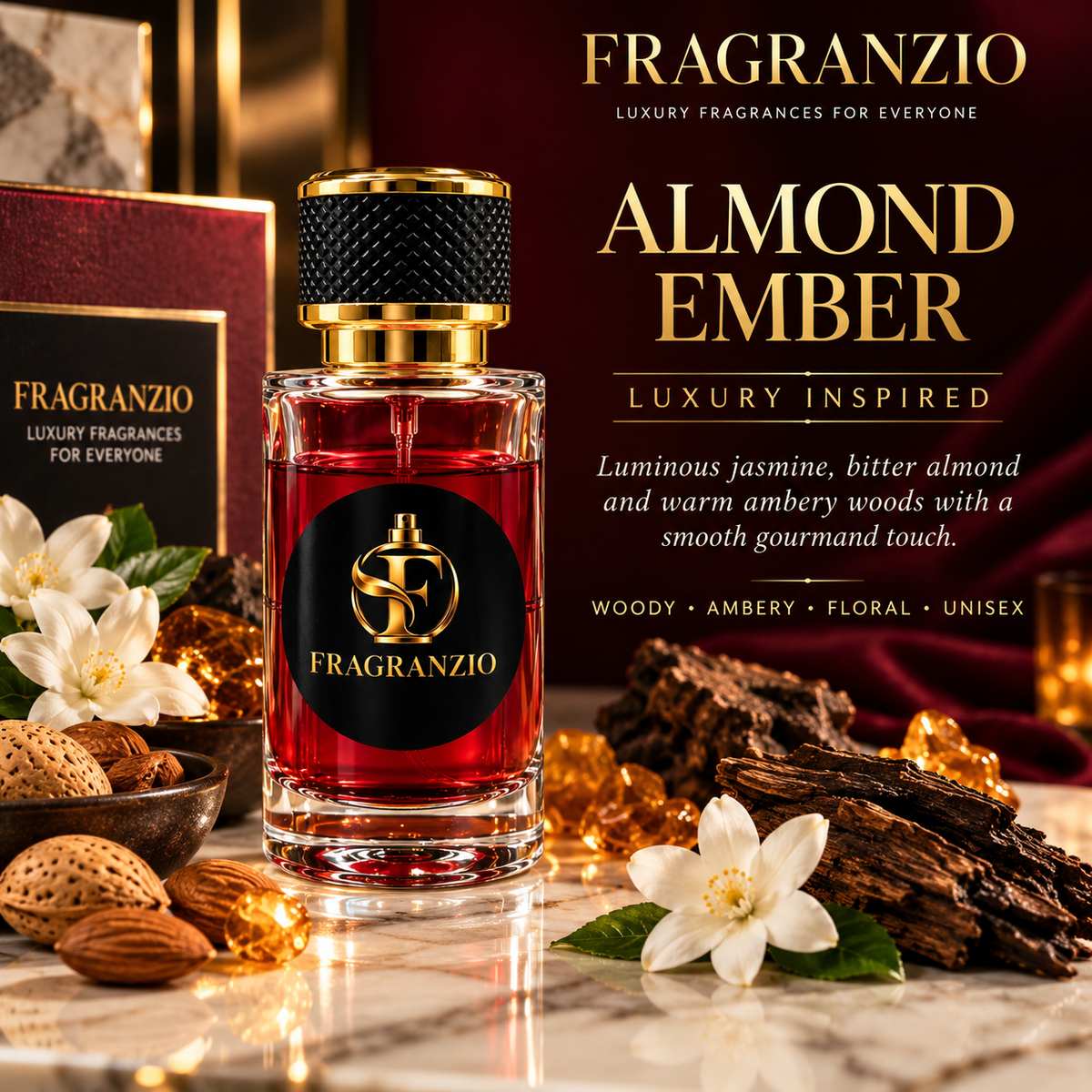 Fragranzio Almond Ember luxury-inspired fragrance visual