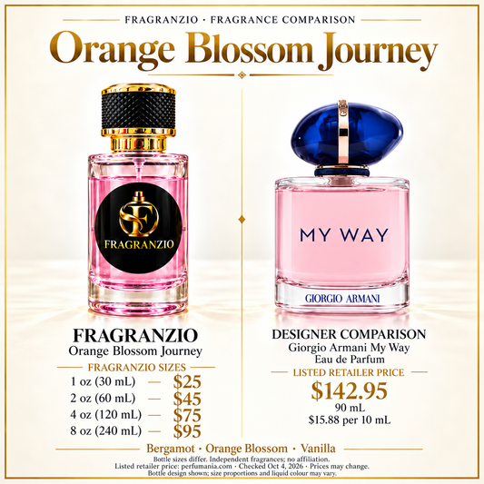 Orange Blossom Journey side-by-side designer comparison — Fragranzio 1 oz, 2 oz, 4 oz and 8 oz
