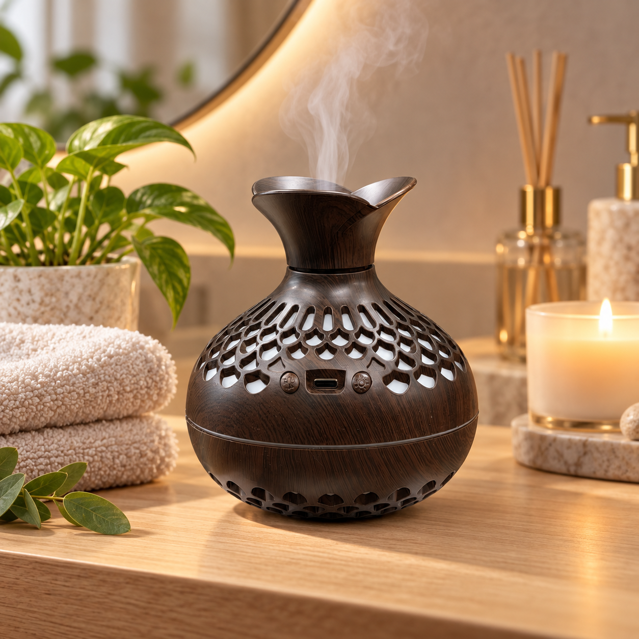 300 mL dark wood floral lattice aroma diffuser in spa setting