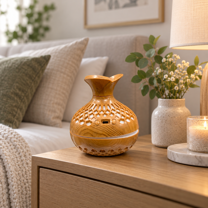300 mL light wood floral lattice aroma diffuser in bedroom setting