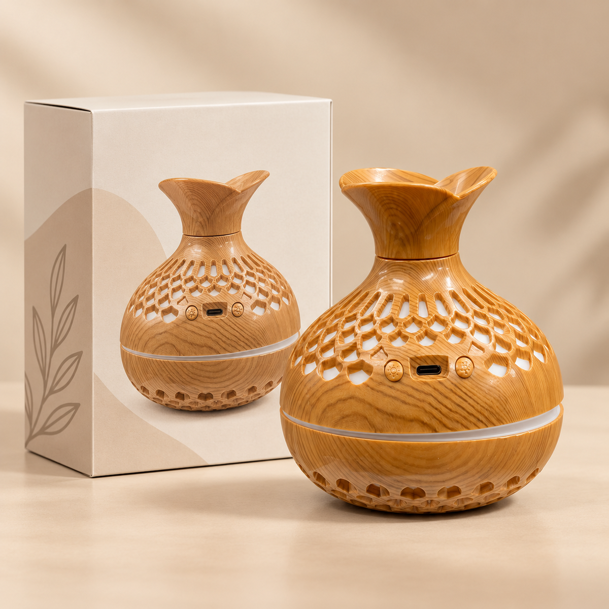 300 mL light wood floral lattice aroma diffuser with packaging