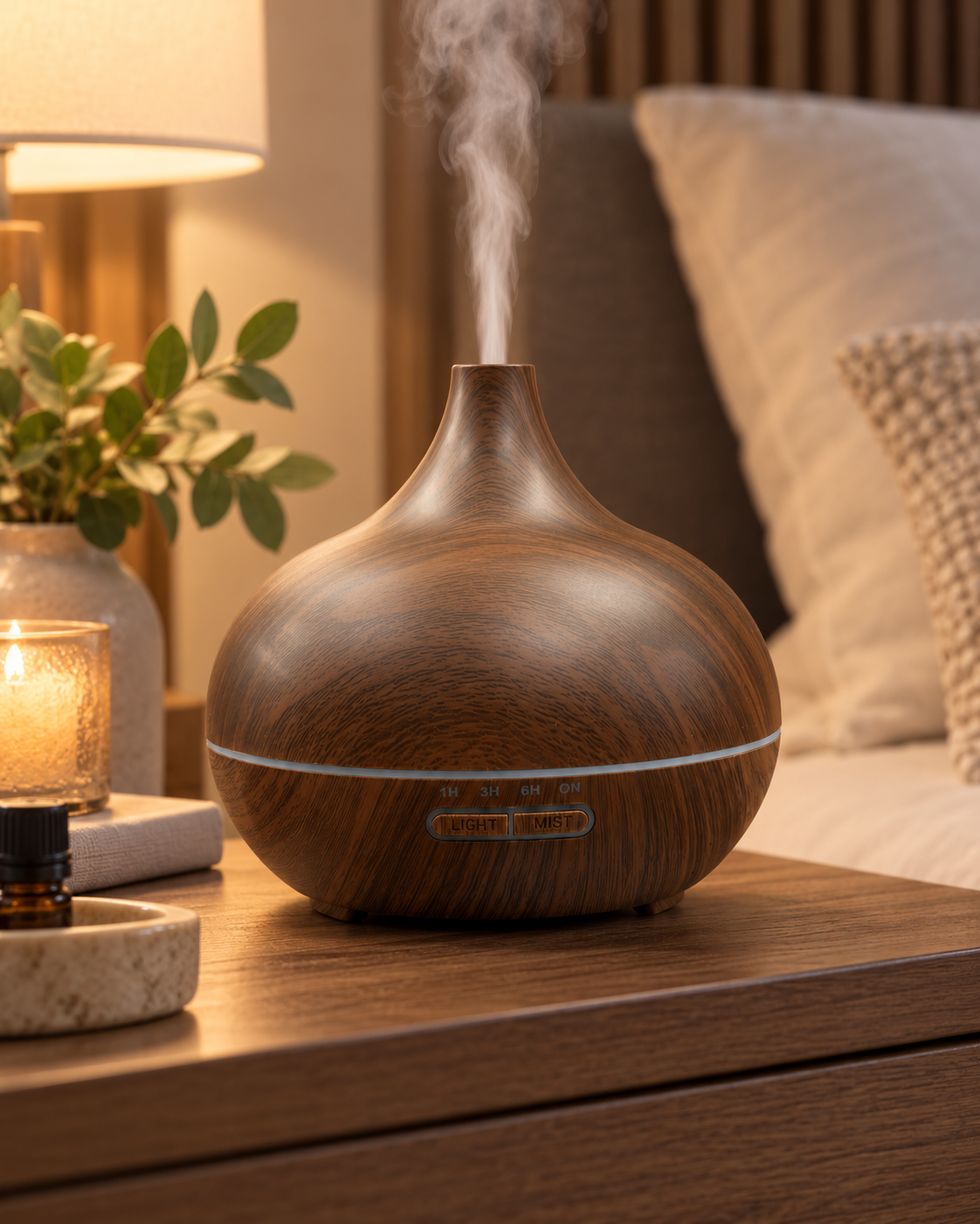 Dark walnut aroma diffuser in a cozy bedroom setting