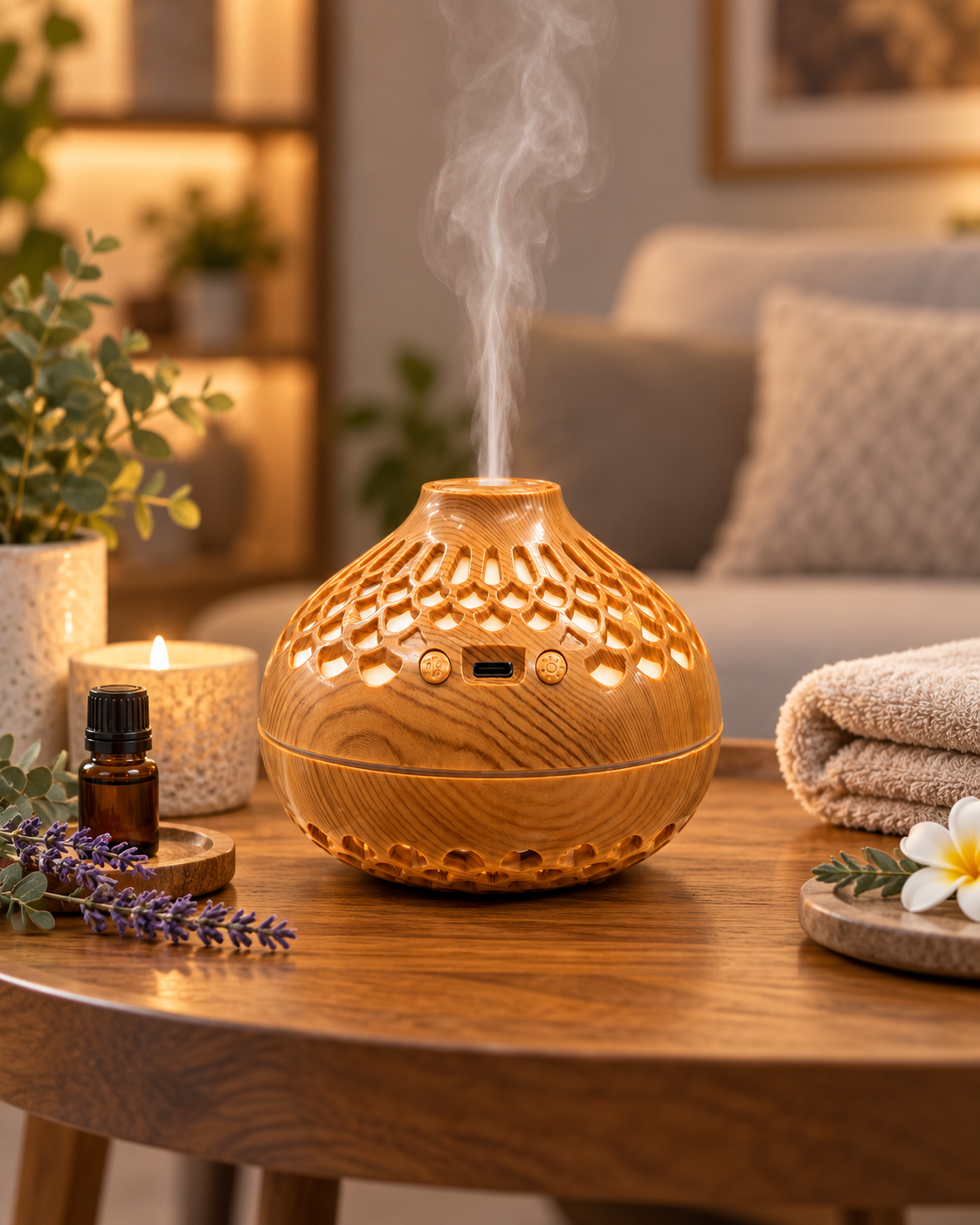 Dark walnut diffuser in a warm spa-style setting