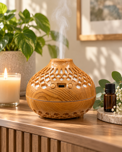Honey oak lattice aroma diffuser in a cozy room setting