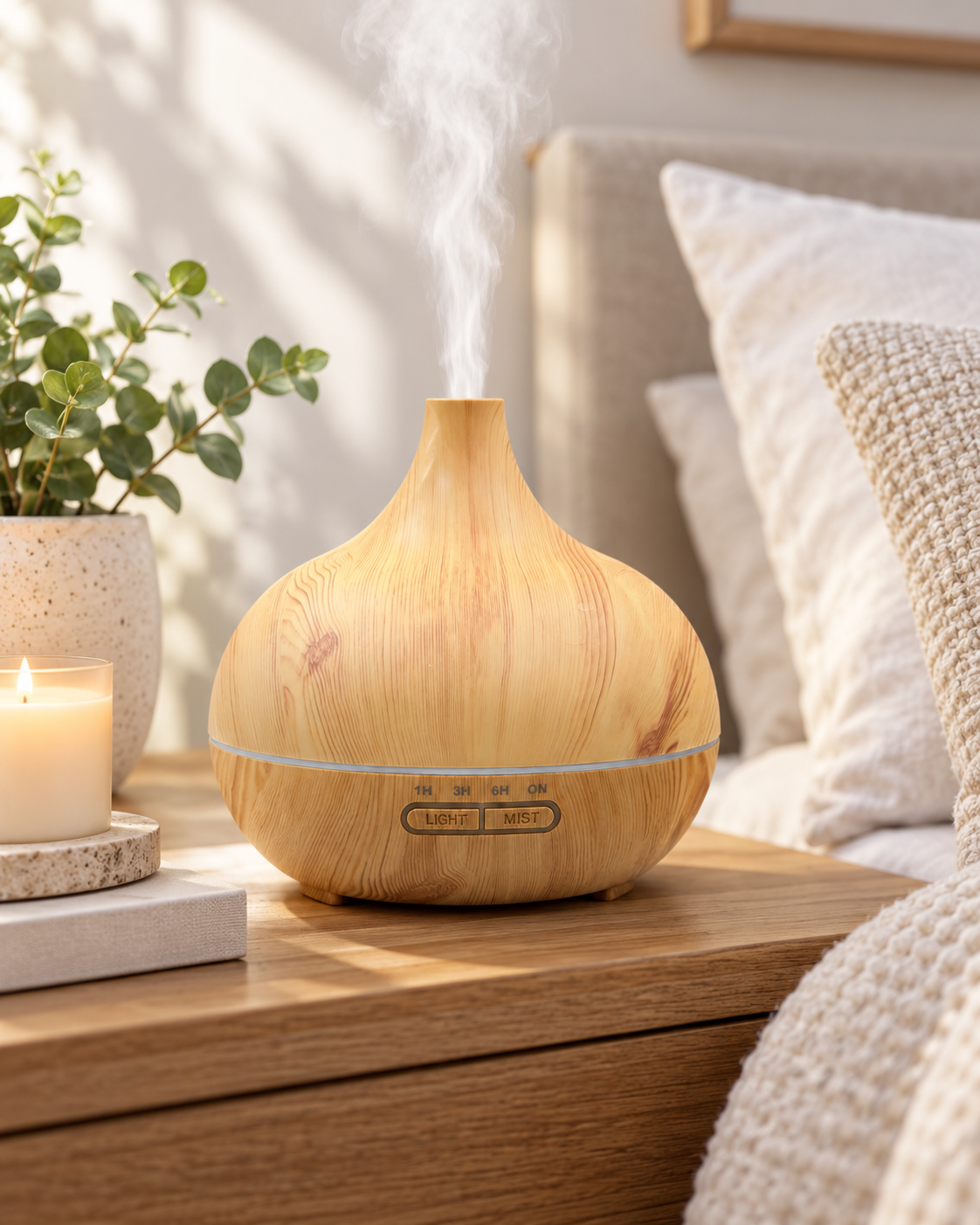 Light oak aroma diffuser in a cozy bedroom setting