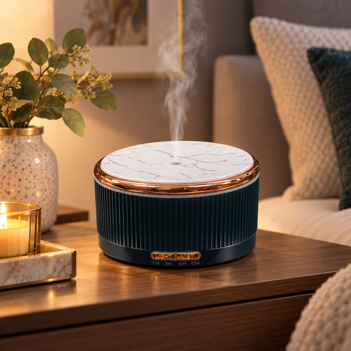 Dark Fragranzio diffuser in a cozy bedside setting