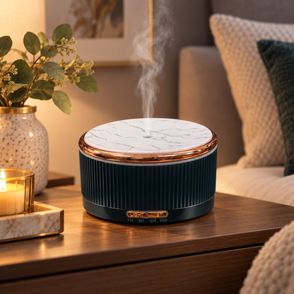 Dark Fragranzio diffuser in a cozy bedside setting