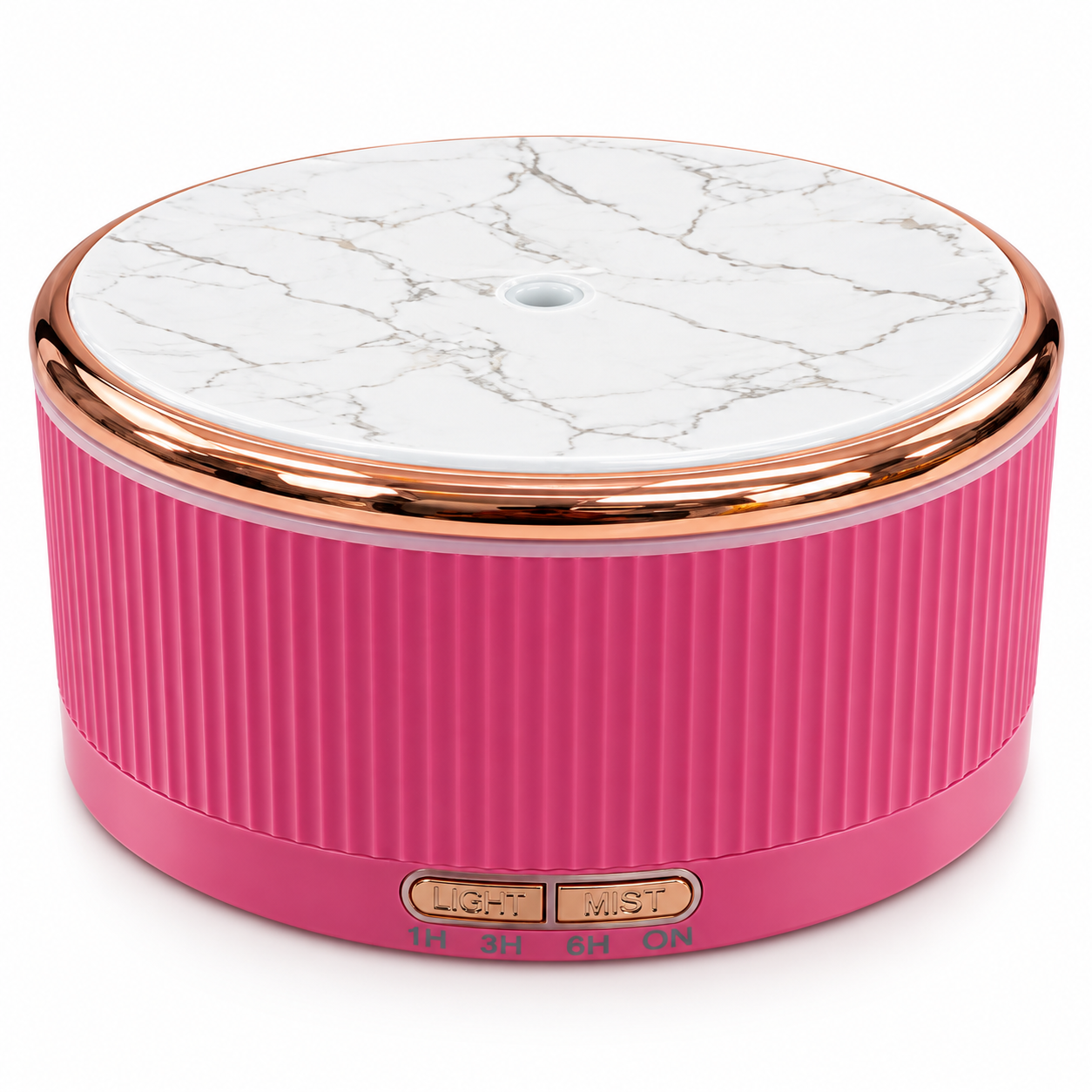 Rose pink essential oil diffuser with ribbed body and marble-look top