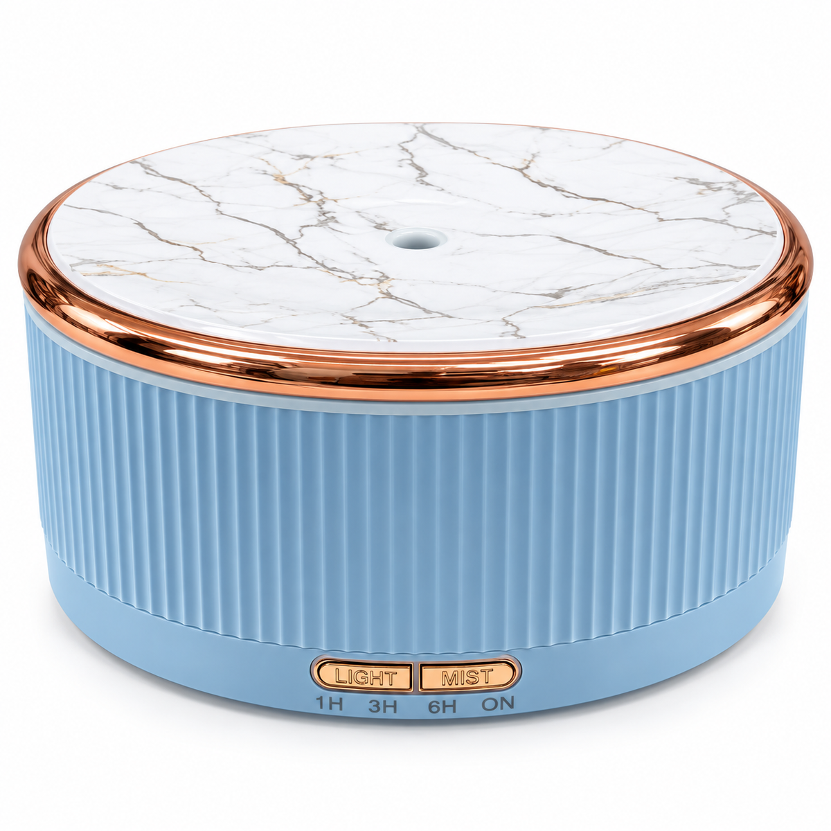 Sky blue ribbed diffuser with metallic trim and marble-look top