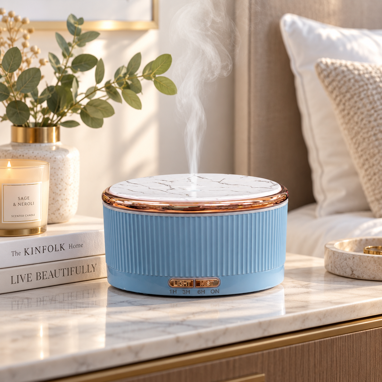 Sky blue Fragranzio diffuser in a home setting