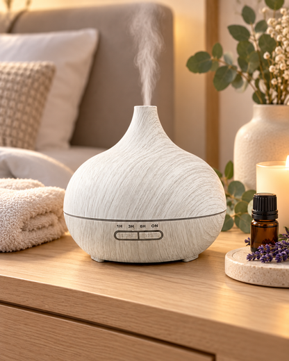 Whitewashed aroma diffuser in a cozy spa-style setting
