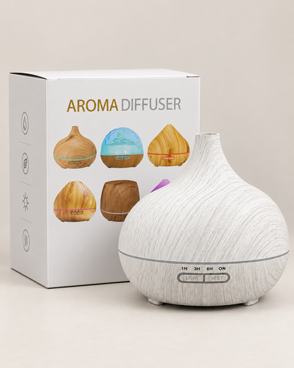 Whitewashed wood-grain aroma diffuser shown with packaging