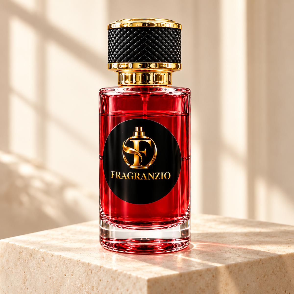 Almond Ember full Fragranzio bottle on cream stone