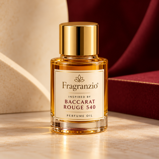 Illustrative Fragranzio Baccarat Rouge 540 inspired perfume oil in a round capped bottle; packaging and size may vary
