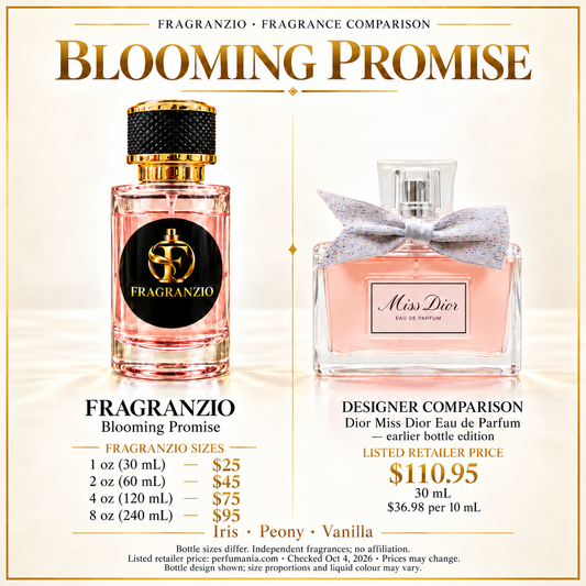 Blooming Promise side-by-side designer fragrance comparison with four Fragranzio sizes