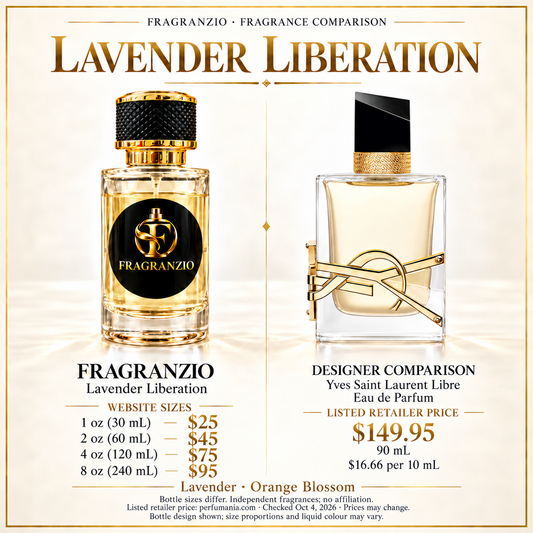 Lavender Liberation side-by-side comparison with four Fragranzio sizes