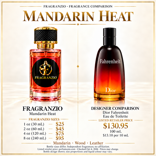Mandarin Heat side-by-side designer fragrance comparison; 1 oz, 2 oz, 4 oz and 8 oz