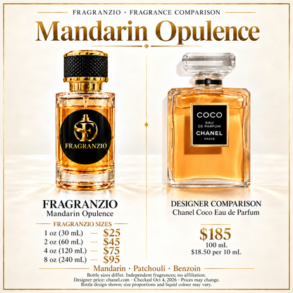 Mandarin Opulence side-by-side designer fragrance comparison; Fragranzio 1 oz, 2 oz, 4 oz and 8 oz