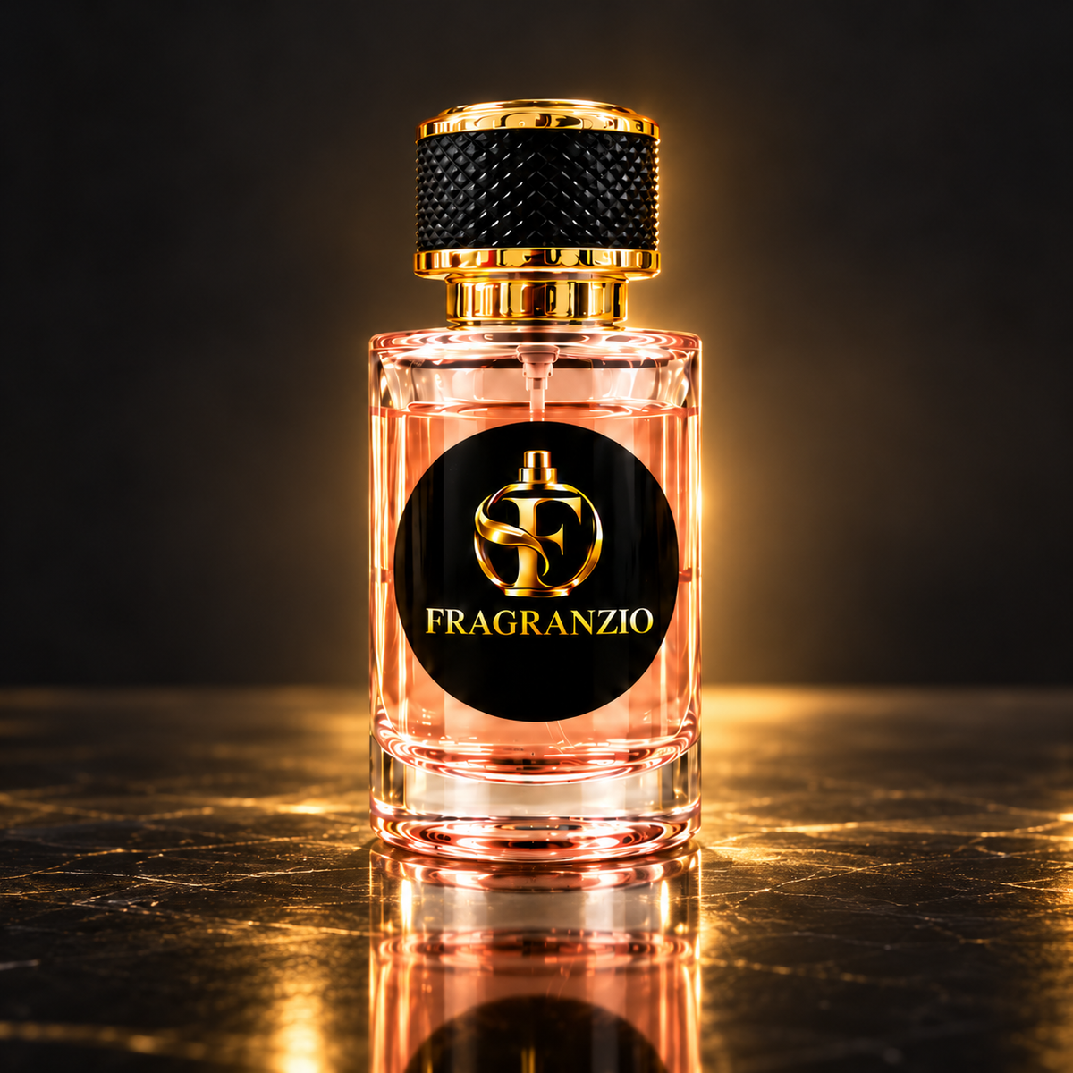 Orange Poise full Fragranzio bottle with matching transparent soft peach pink fragrance