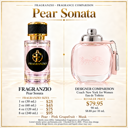 Pear Sonata side-by-side designer fragrance comparison; Fragranzio 1 oz, 2 oz, 4 oz and 8 oz