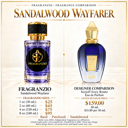 Sandalwood Wayfarer independent fragrance comparison, four website sizes