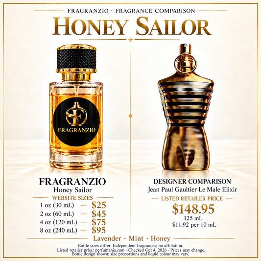 Honey Sailor side-by-side comparison with four Fragranzio sizes