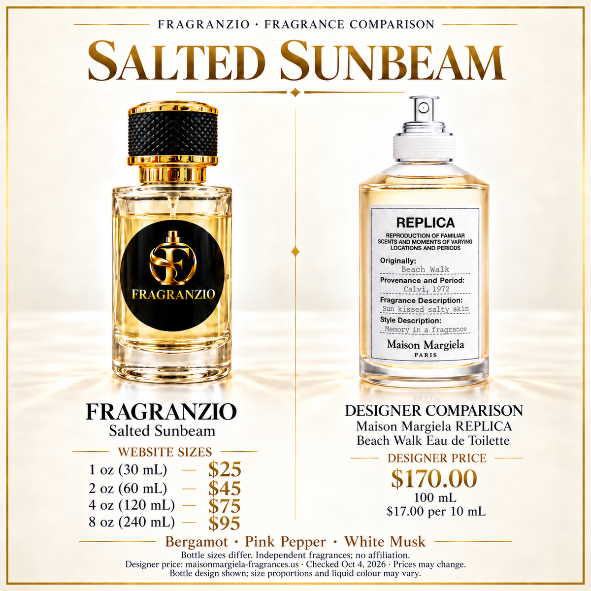 Salted Sunbeam side-by-side comparison with four Fragranzio sizes