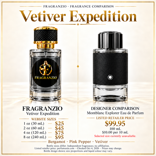 Vetiver Expedition side-by-side comparison with four Fragranzio sizes